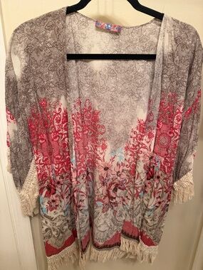Floral Fringe Kimono Cardigan in Coral, Gray & Cream